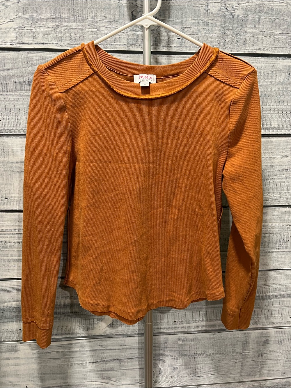 Moco Boutique Women's Long-Sleeve Ribbed Tee in Burnt Orange